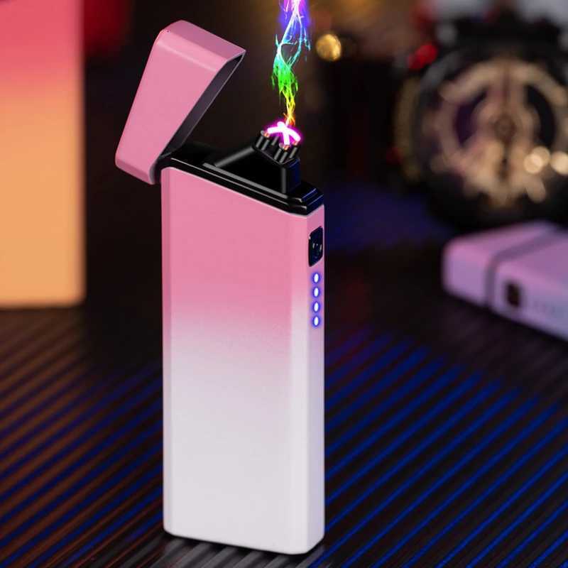 2023 Douyin Popular Portable Gradient Color USB Rechargeable Double Arc Lighter Cigarette Accessories Men and Women Gift Gadgets C251022