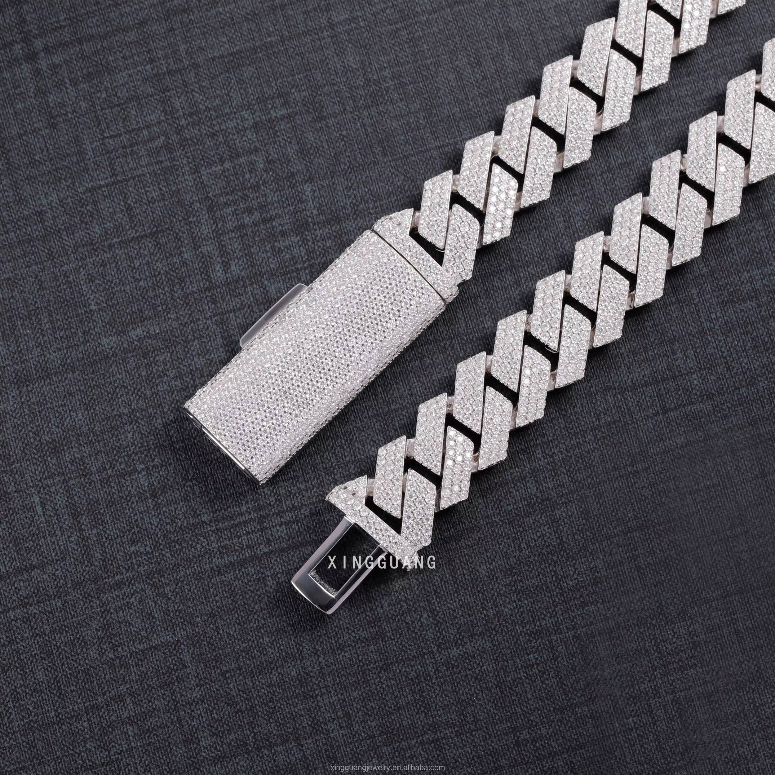 Hip Hop Iced Out 15mm Wide Necklace 3Rows Moissanite Diamond Sterling Silver Gold Plated Cuban Lidynamic Chain with GRA Certificate