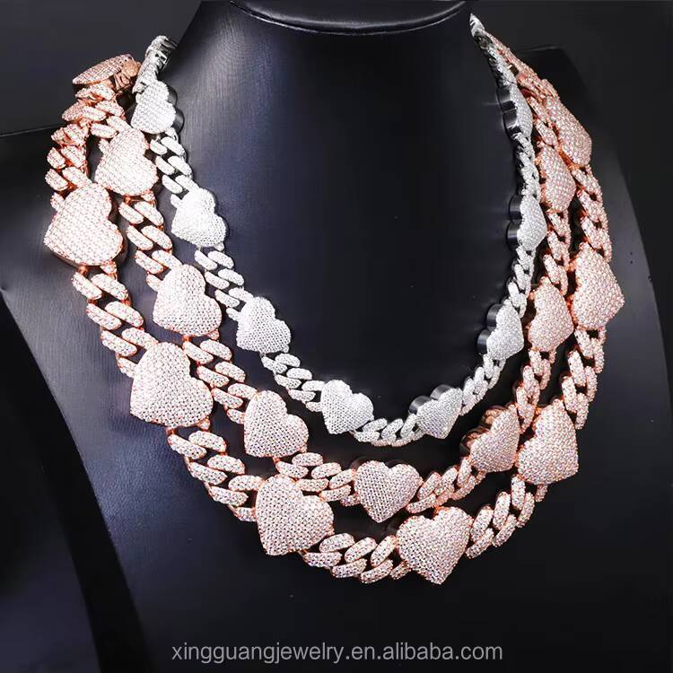 Yy Hot Sale Iced Out Heart Shape Design VVS Moissanite Cuban Lidynamic Chain Necklace 925 Silver Rapper Hip Hop Jewelry