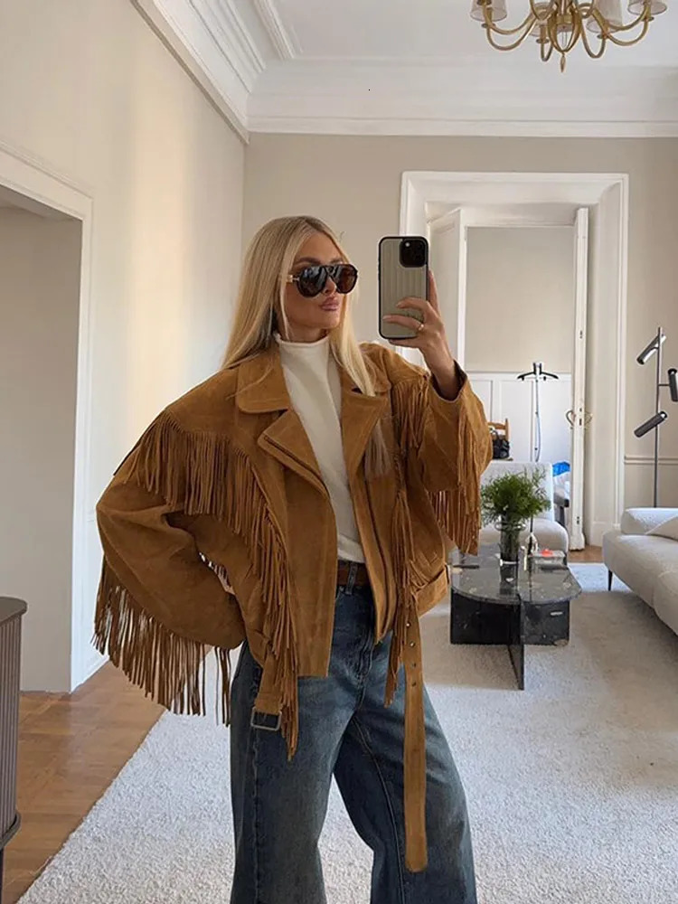 Solid Tassel Suede Leather Jacket Retro Womens Lapel Long Sleeve Short Cropped Coat Female Motorcycle Street Outwear 251016