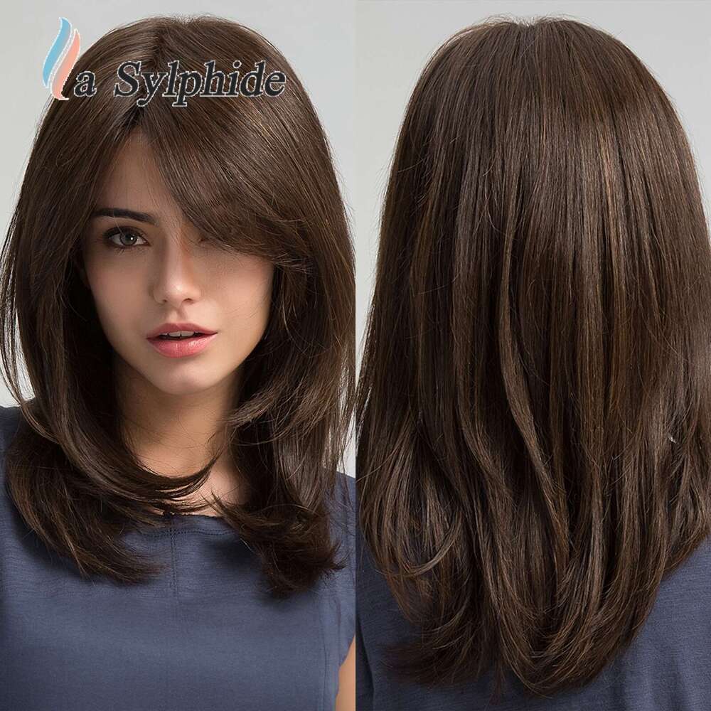 Full Wig Dark Brown Side Part Long Straight Matte High Temperature Fiber Age-Reducing High-Layered Collarbone Hair
