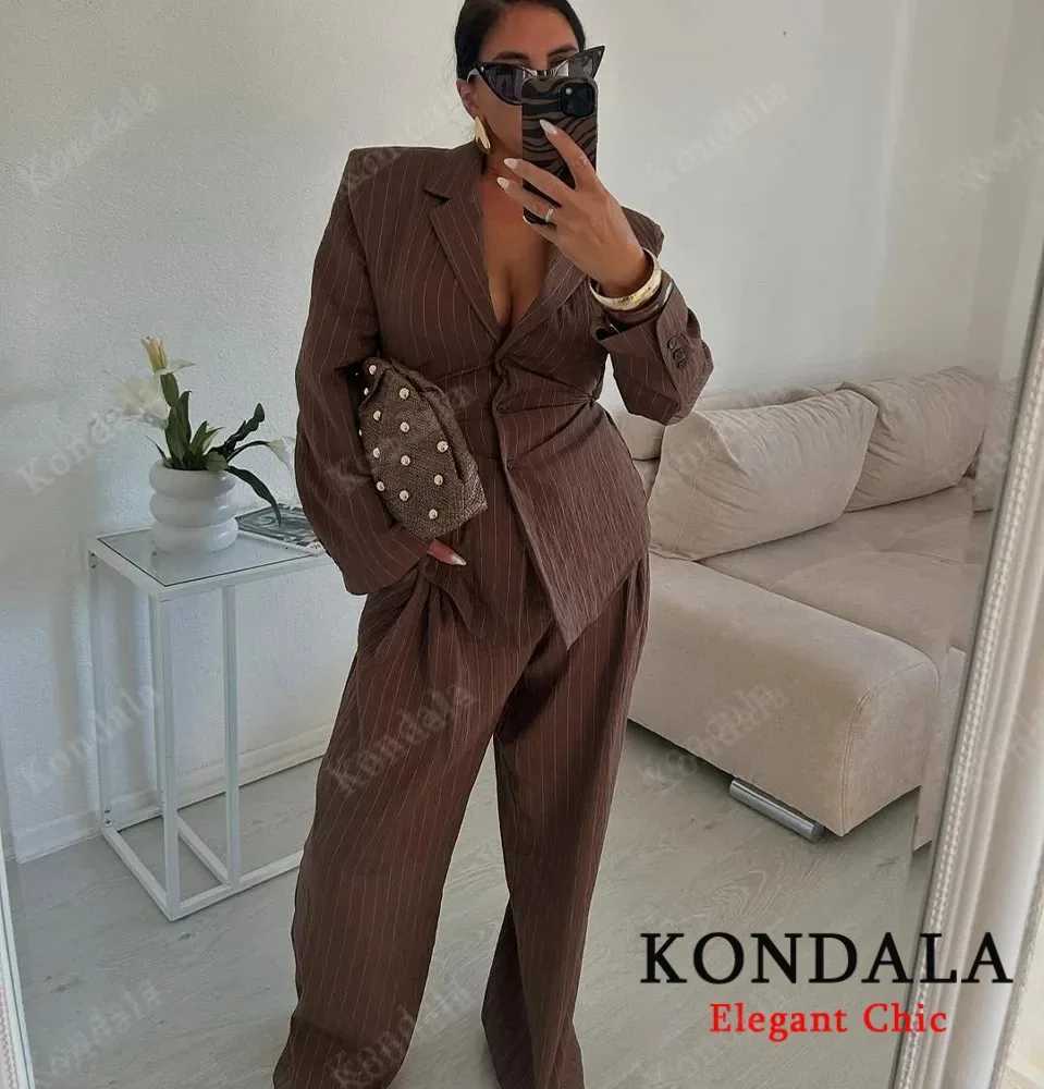 KONDALA Women Elegant Striped Blazer Suit Slim Button Blazer or Wideleg Pants 2025 Spring Fall Fashion Mujer Commute Pants SetT251022