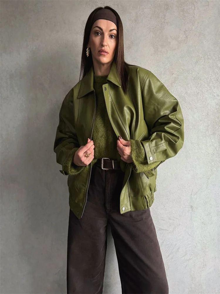 Green PU Leather Jacket Women Retro Laple Zipper Loose Full Sleeve Oversized Coat Female Fashion Lady Solid Streetwear 251021