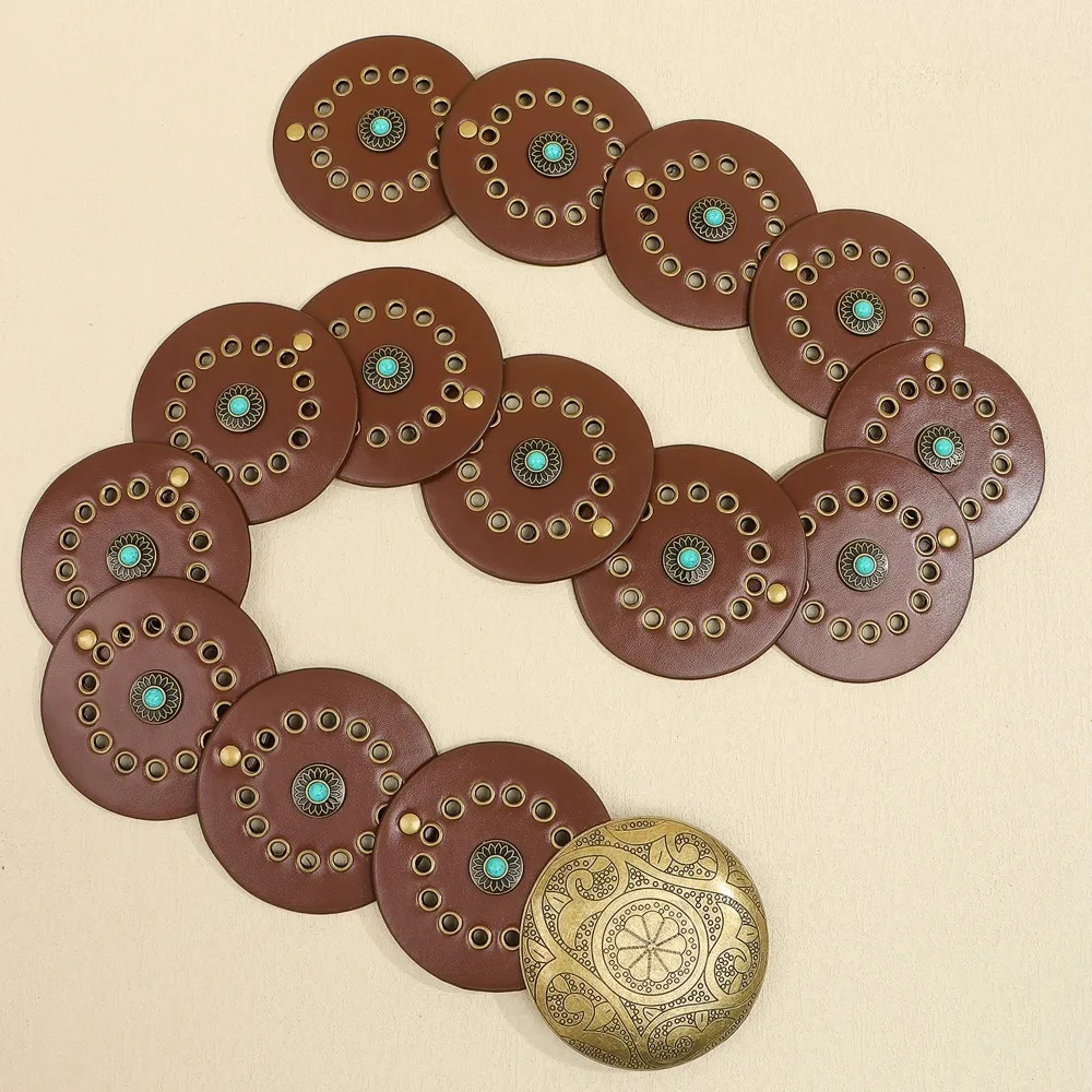 Exaggerated Wide Boho Disc Belt Adjustable Turquoise Carved Buckle Waist Belt Rivet Y2k Western Leather Waistband 251013