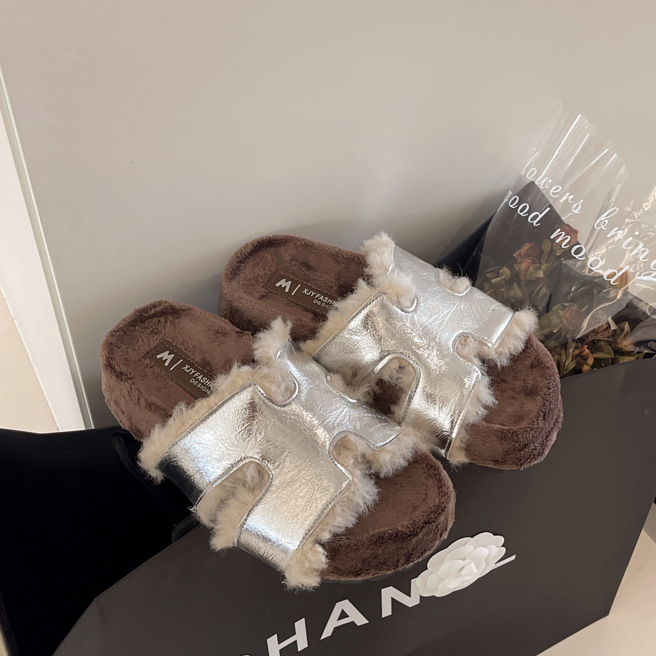 Free shipping designer slippers retro height increasing external slippers for autumn and winter fashion anti slip and plush casual cotton slippers