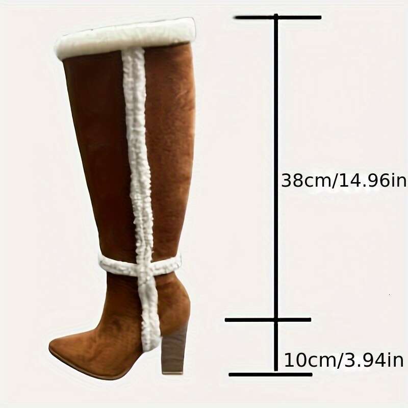 Women's Block Heeled Knee High Fashion Point Toe Plush Lined Boots, Comfortable Side Zipper Boots