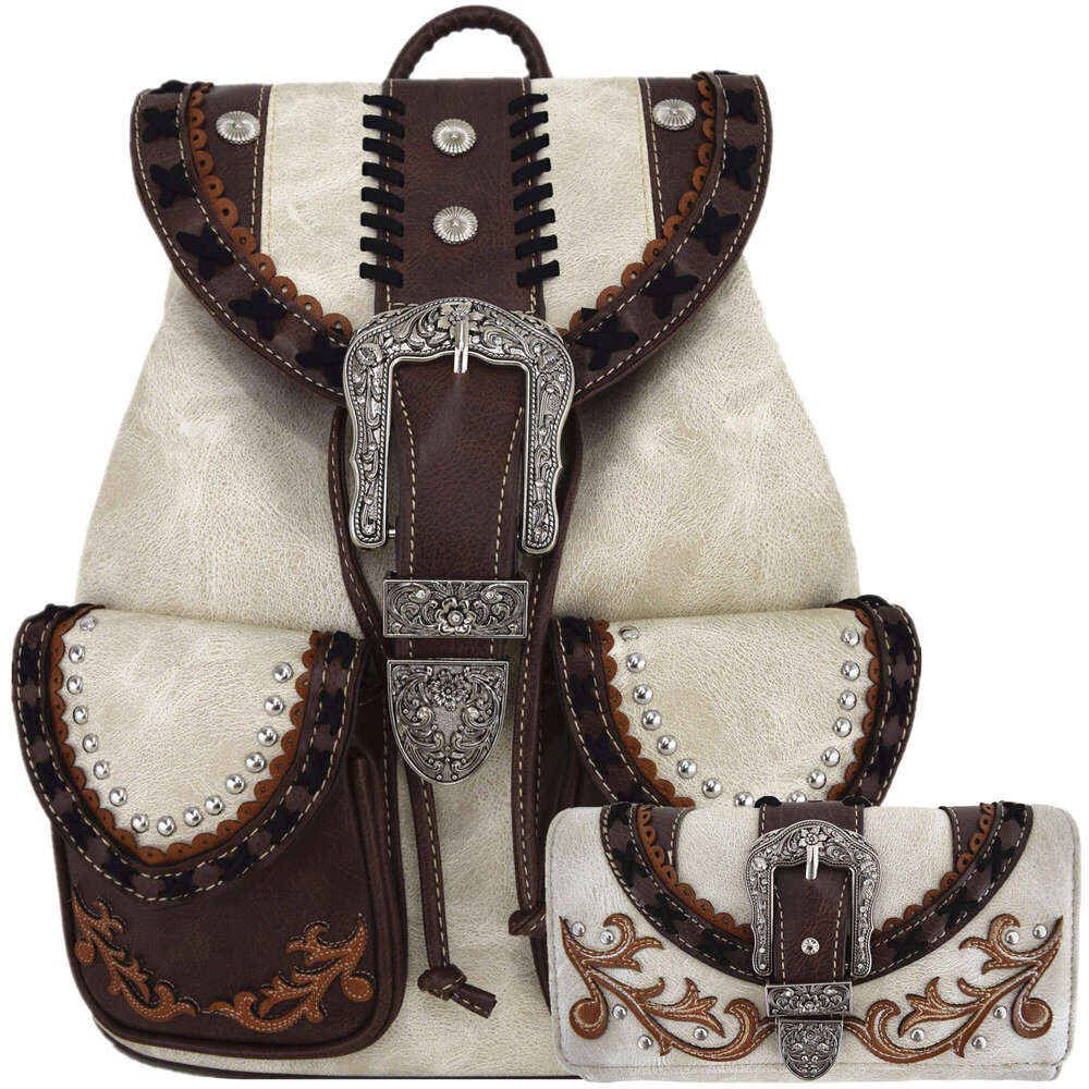 Western Style Tooled Buckle Studded Floral Women Country Backpack Bags Rucksack Daypack Biker Purse Matching Wallet Set