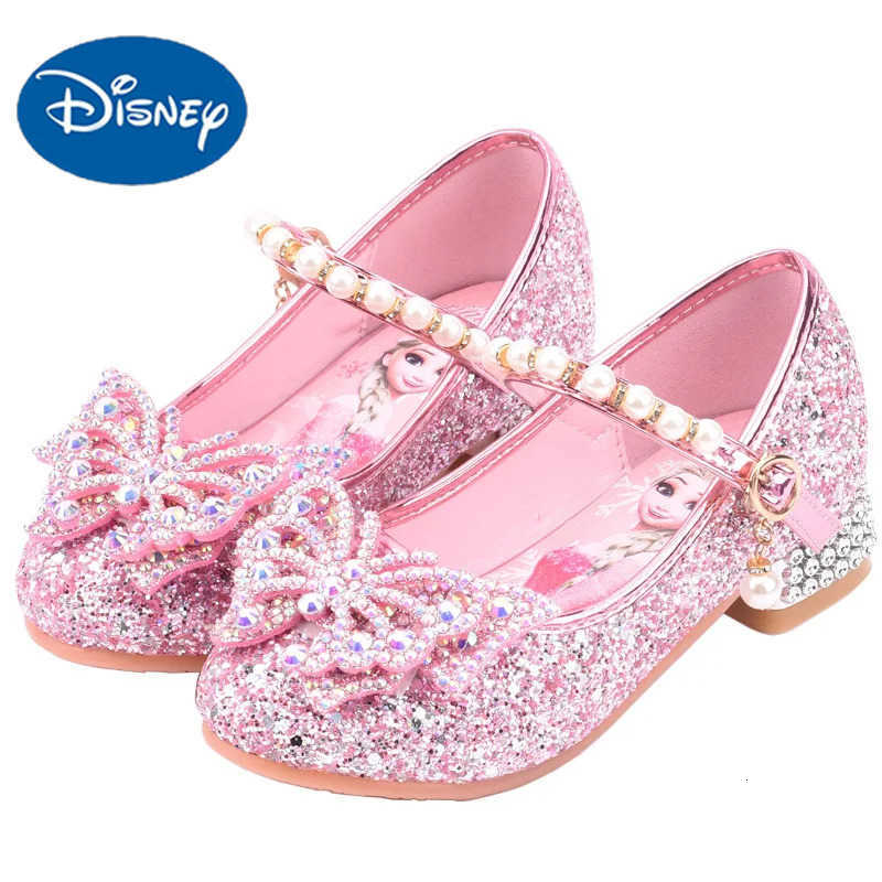 Disney Princess Kids Leather Shoes for Girls Flower Casual Glitter Children High Heel Girls Shoes Butterfly Knot Blue Pink Silver H251022
