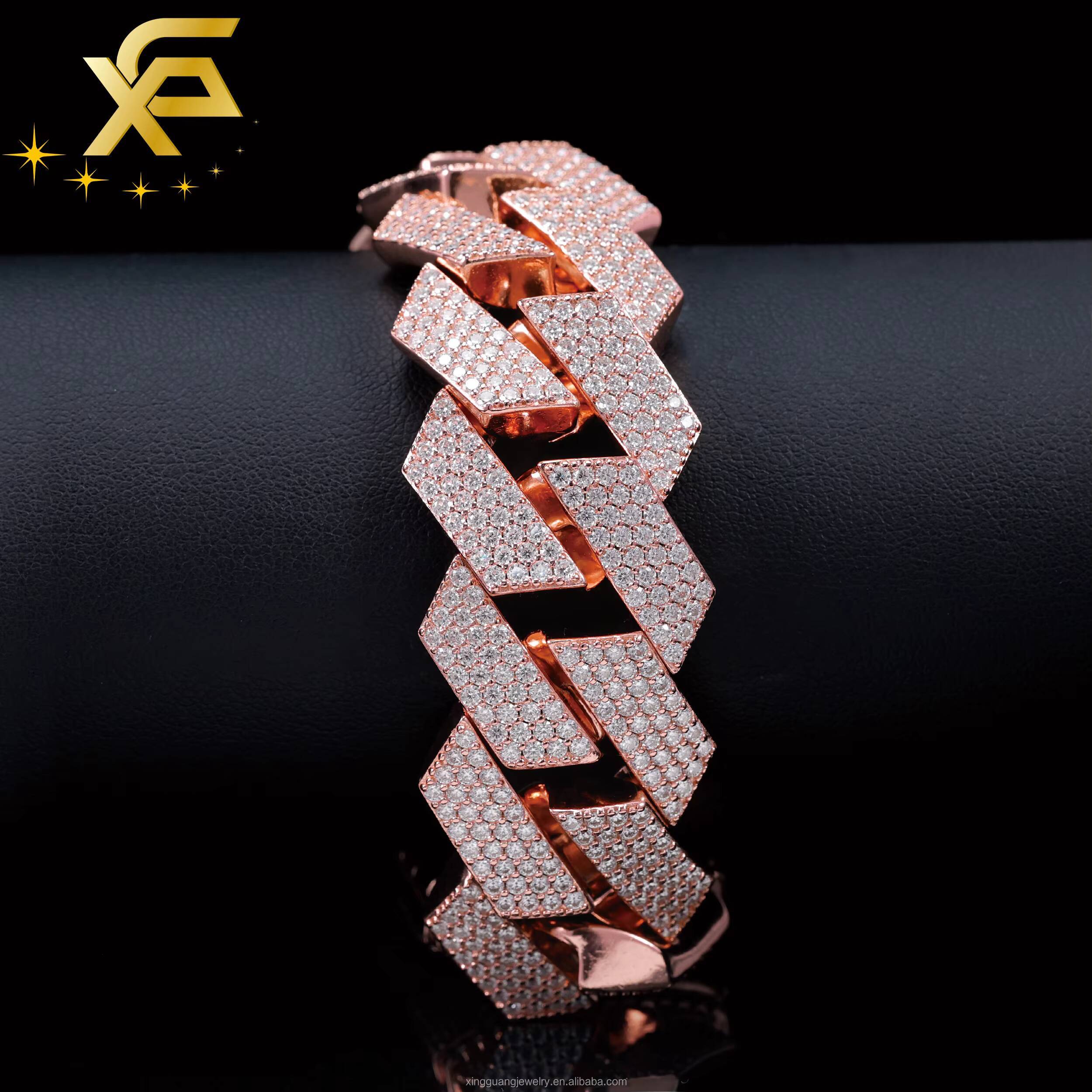 Rose Gold Heavy Weight 24MM 4Rows Pass Diamond Test Moissanite Diamonds 925 Solid Silver Cuban Lidynamic Chain HipHop Jewelry for Men