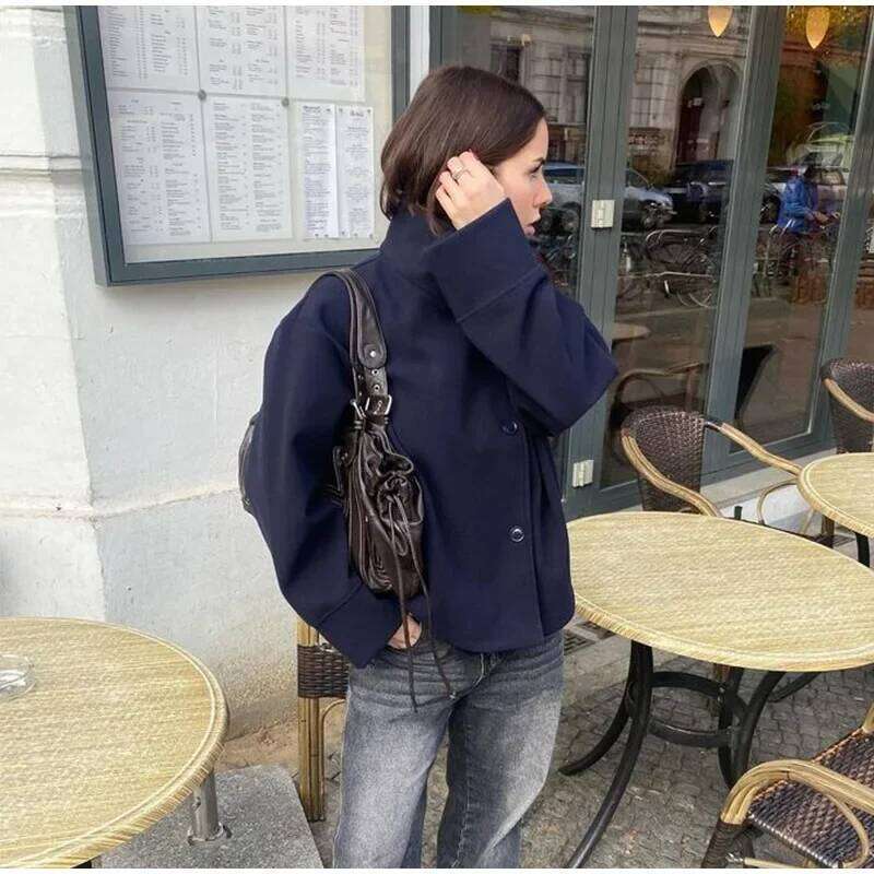 Women Fashion Stand Collar Woolen Jacket Single Breasted Long Sleeve Female Coat Autumn Chic Street Office Short Outerwears