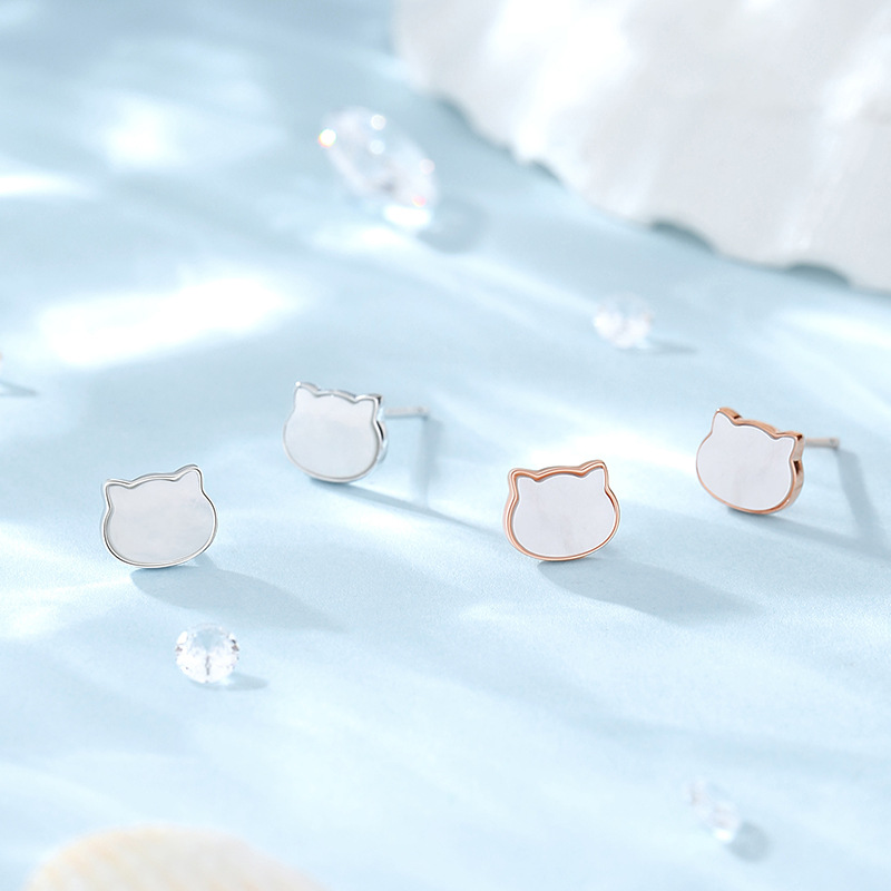 TaiYang S925 Sterling Silver Mother of Pearl Kitten Stud Earrings, Minimalist Shell Earrings for Girls and Sensitive Ears