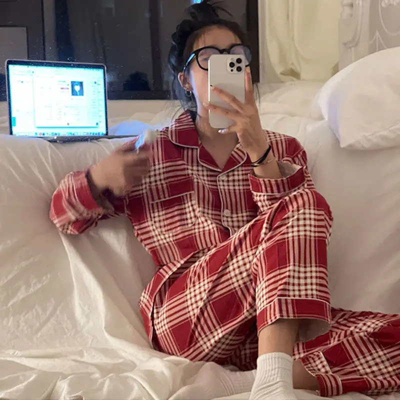 Plaid Christmas Pajamas Women Korean Sleepwear Autumn Pijamas Cute Clothes Pyjamas 2 Piece Pants Sets Loungewear Pj Suit 251020