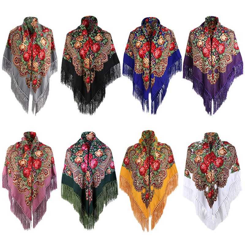 135135cm Russian National Square Scarf Women Luxury Floral Print Ukrainian Fringed Shawl Babushka Handkerchief Head Wraps J251118