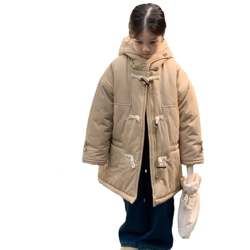 Winter Korean Children Boy Parkas Cotton Padded Thicken Hooded Toddler Boy Snowwear Coat Casual Solid Horn Button Kid Boy Jacket 251021