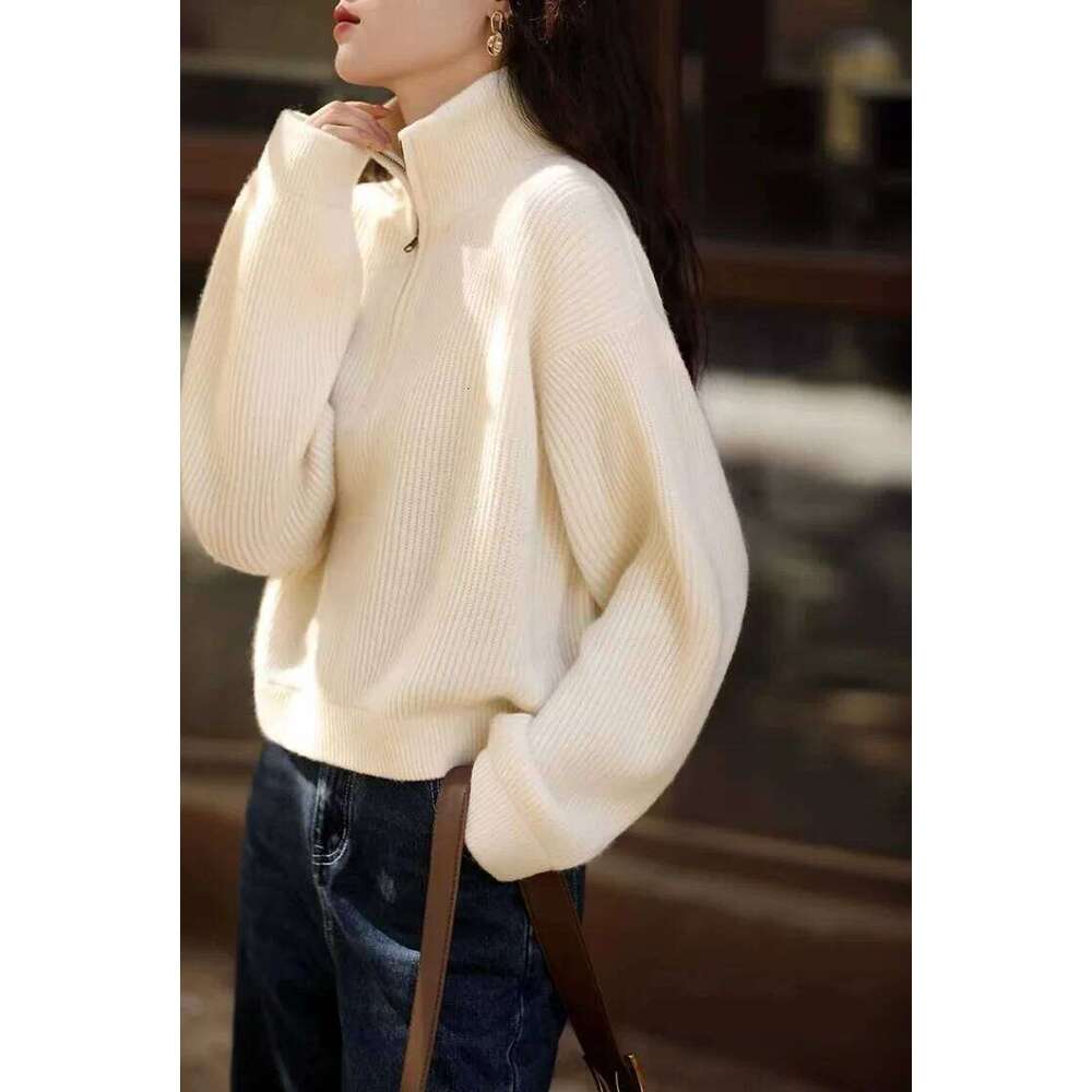 Women's Italian Craft 100% Pure Cashmere Half Zipper Stand Collar Thickened Loose Lapel Pullover Knitted Sweater 251022