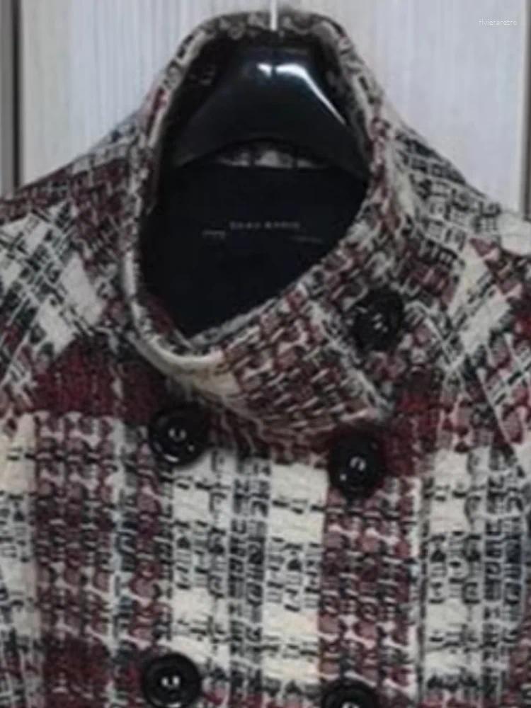 Women's Jackets Chic Plaid High Collar Double Breasted Woolen Coat Women Full Sleeve Mid-length Coats 2025 Autumn Vintage Style Female