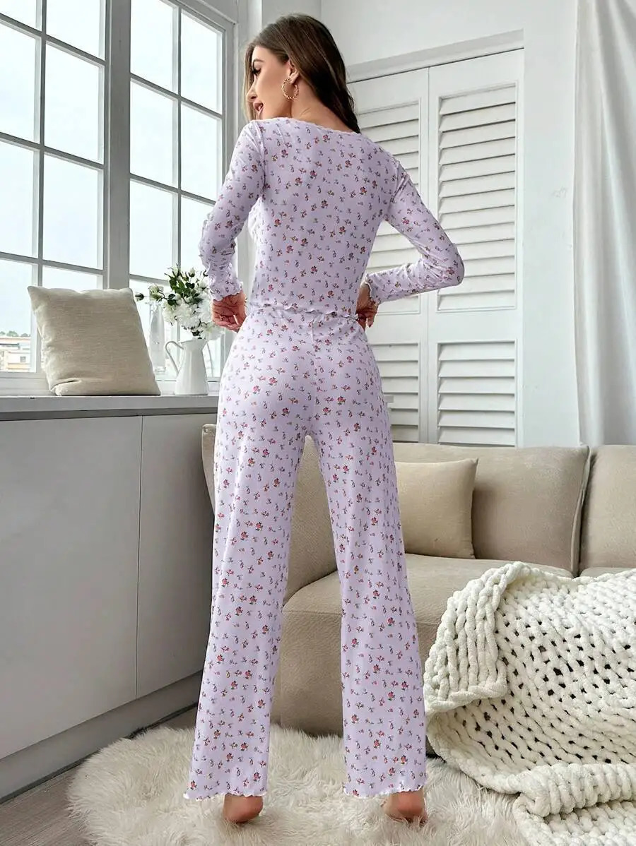 Autumn Winter Pajamas Set Women Sleepwear Floral Print Lettuce Trim Top with Long Pant Lovely Loungewear Full Sleeve Nightwear 251022