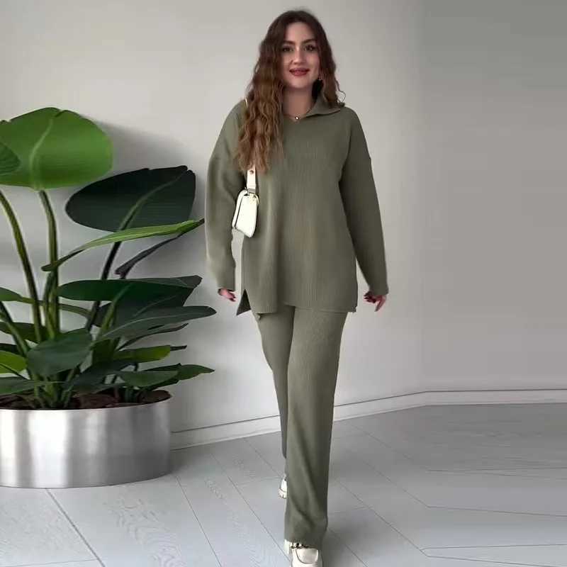 Women Knitted Solid Loose Two Piece Set Fashain Sweater Tops Elastic Waist Pant Knitted Suit Women Autumn Winter 2 Piece OutfitsT251022