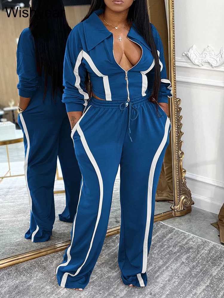 Casual Womens Sportswear 2Piece Set Stripe Patchwork Lapel Long Sleeve Zip Crop Jacket And Wide Leg Pants Tracksuit for FallT251022