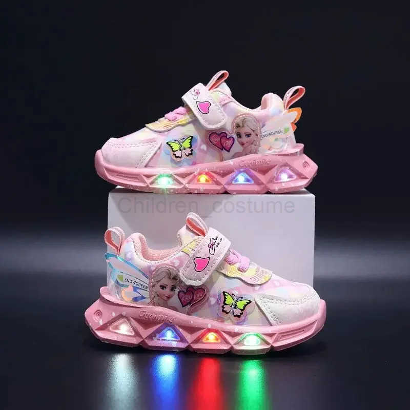 Disney LED Casual Sneakers For Spring Girls Frozen Elsa Princess Print Pu Leather Shoes Children Lighted Nonslip Pink Purple H251022