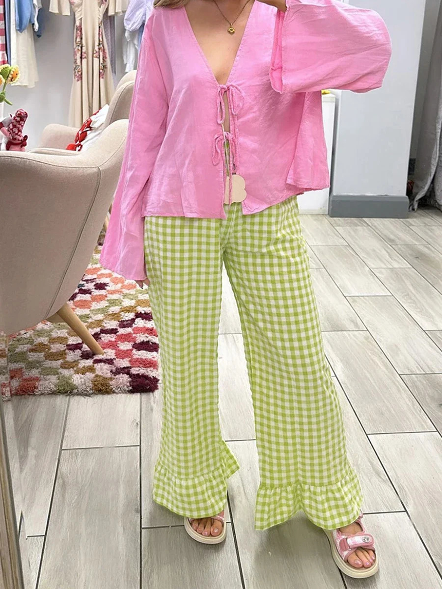 Fashion Plaid Flared Pants Women y2k Vintage Ruffle Hem Pleated High Waist Pants Summer Straight Leg Holiday Trousers 251016