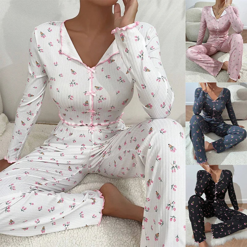 Y2K Cute Floral Ribbed Pajama Set Womens Long Sleeve V Neck Two Piece Sleepwear Homewear Autumn Winter Bow Lettuce Trim 251022