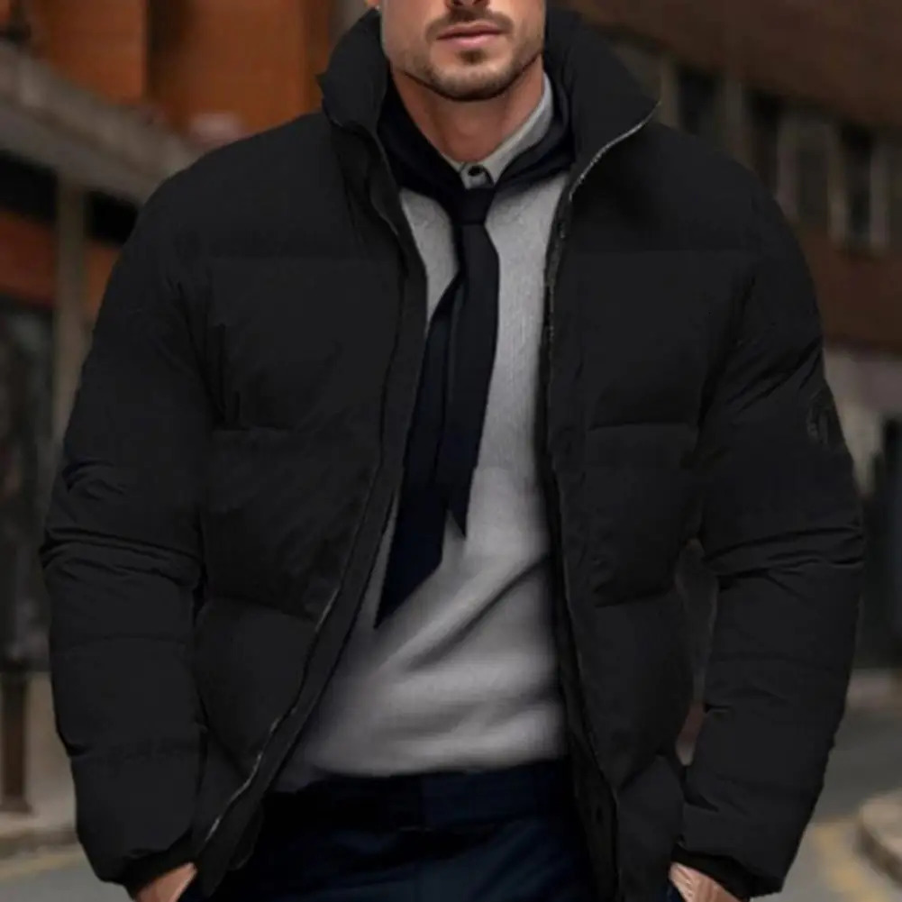 Men Quilted Jacket Solid Color Stand Collar Long Sleeve Zipper Closure Cotton Coat Thickened Jacket Down Cotton Puffer Outwear 251020