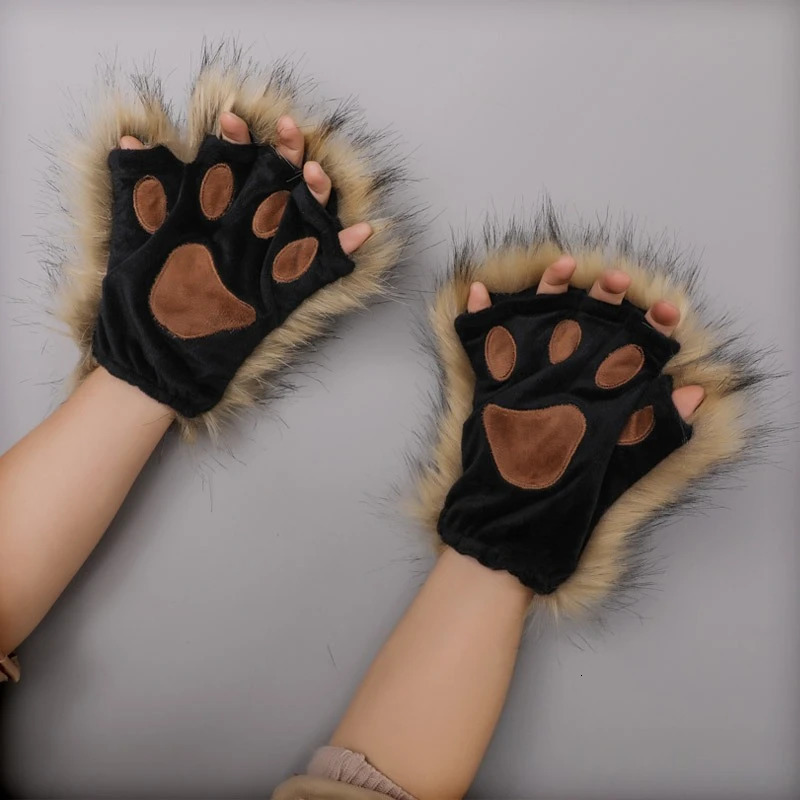 Wolf Paw Gloves Faux Fur Fingerless Mittens Winter Warm Cat Claw Glove Cosplay Accessories Halloween Fancy Party Props 251021