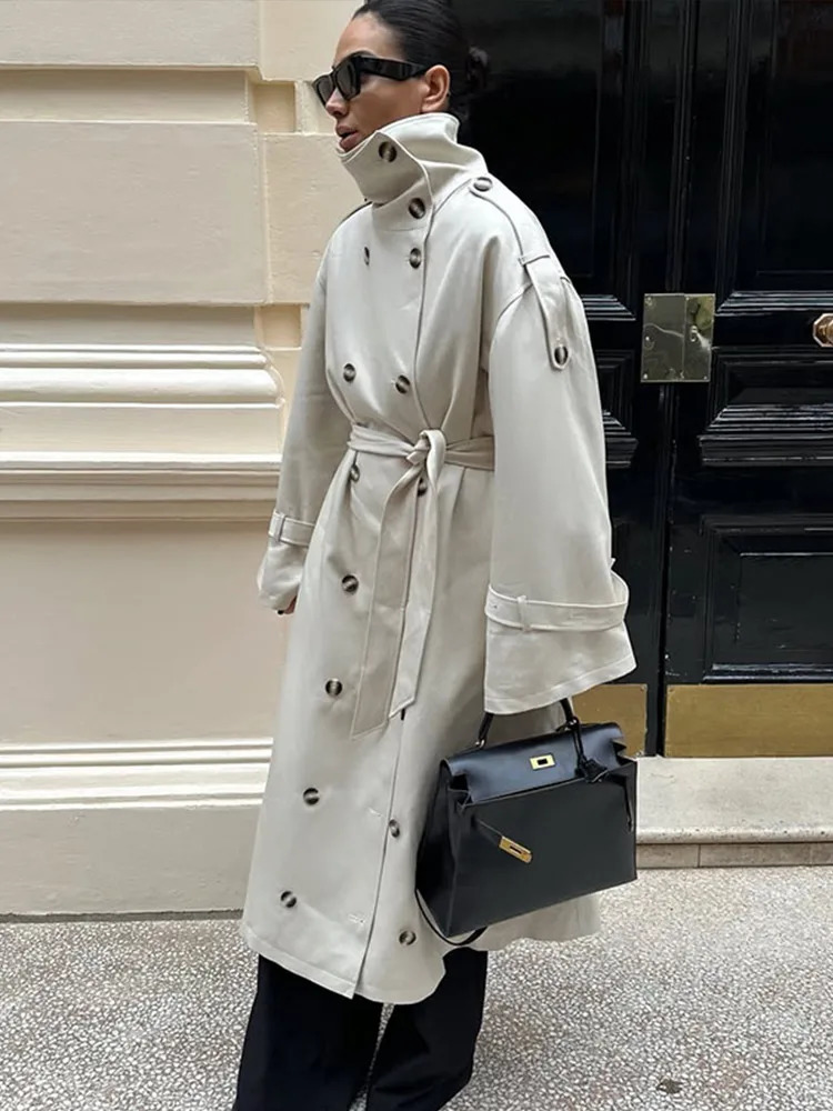 Womens Trench Coat Double Breasted Stand Collar Epaulet Lace Up Long Windbreaker Office Lady Autumn Winter Solid Slim Outerwear 251021