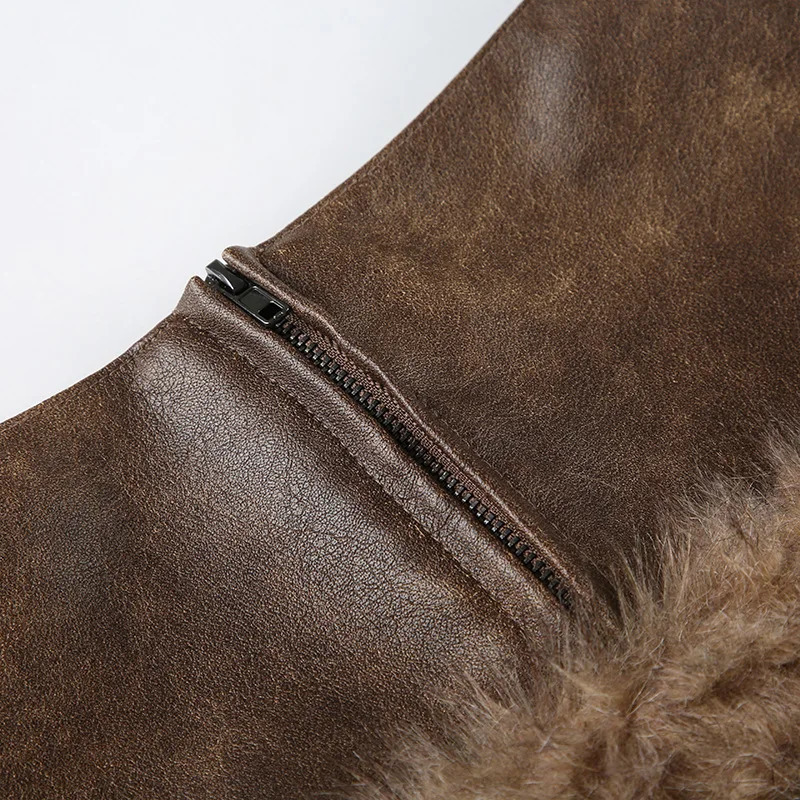Sexy Brown PU Leather Fur Skirt Street Plush Zipper Splicing Hip Skirt for Women Winter 251022