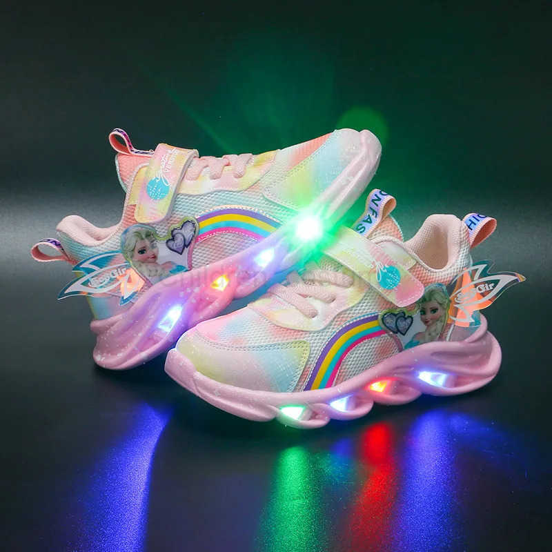 Disney Casual Sneakers LED Lighted For Spring Girls Frozen Elsa Princess Rainbow Outdoor Children Nonslip Pink Purple Shoes H251022