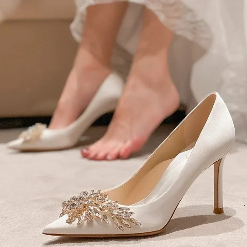 Maogu Satin Rhinestone Crystal Shallow Pumps Stiletto High Heel Womens Shoe Spring White Women Bridal Wedding Shoes 251016