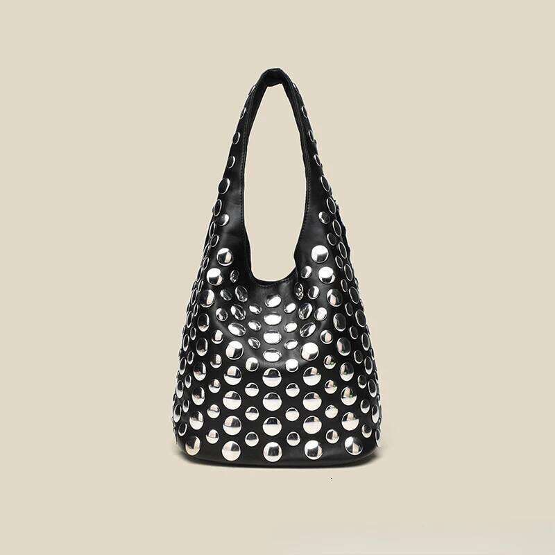 Large Capacity Rivet Designer Women Shoulder Soft Casual Black Female Shopping Lady Bucket Handbag Tote Travel Bag Suo251022
