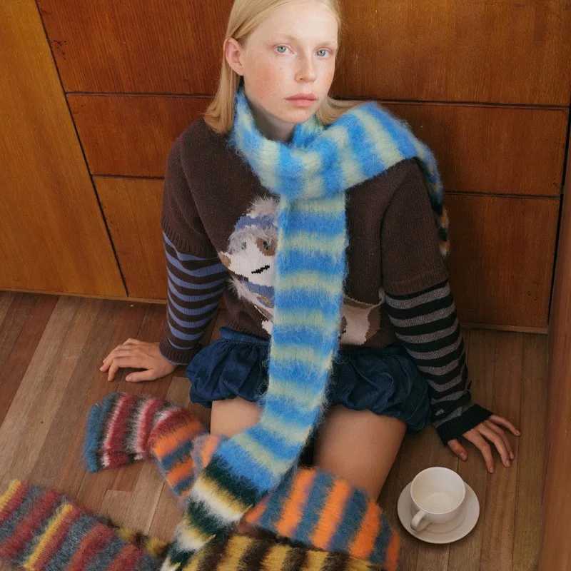 Korean Version Contrast Color Striped Knitted Scarf Women Soft Fluffy Rainbow Skinny Scarves Female Warm Muffler Autumn Winter J251022