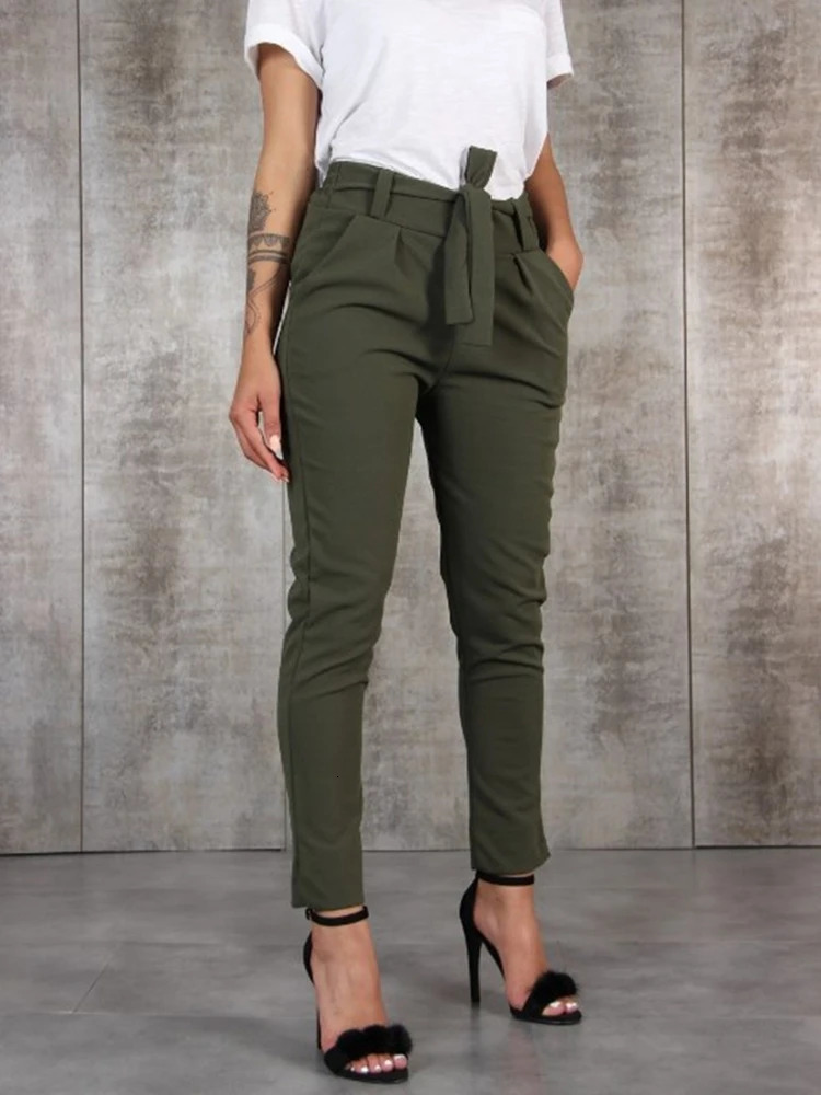 BornToGirl Spring Summer Autumn Casual Slim Chiffon Thin Pants For Women High Waist Black Khaki Green Pants Woman Trousers 251022