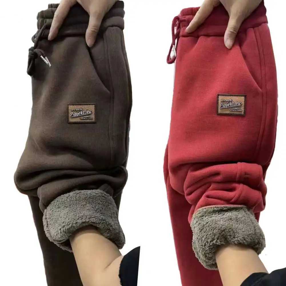 Women Autumn Winter Warm Sweatpants High Waist Drawstring Pockets Solid Color Casual Trousers Fleece Lining Thick Harem PantsT251022