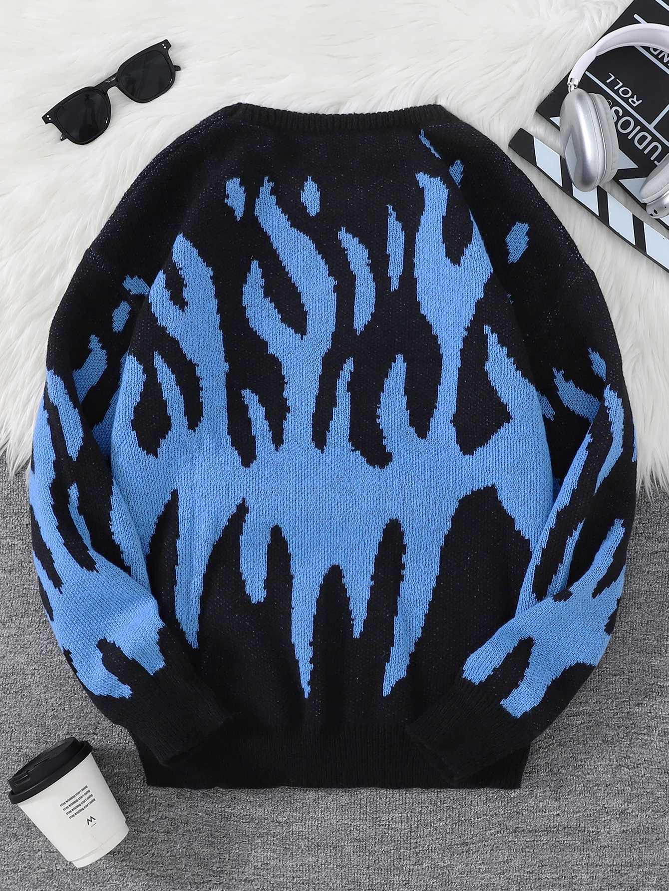 New Popular Fire Pattern Pullover Ripped Sweater Casual Round Neck Knitted Mens Gift PulloverXJ251022