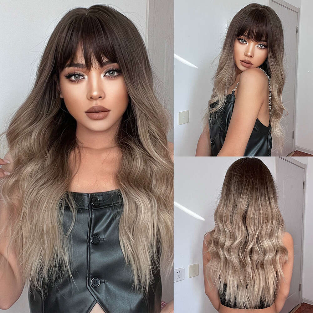 Women's Hair Bangs Long Curly Gradient White Gold New Hine-Made Synthetic Wig