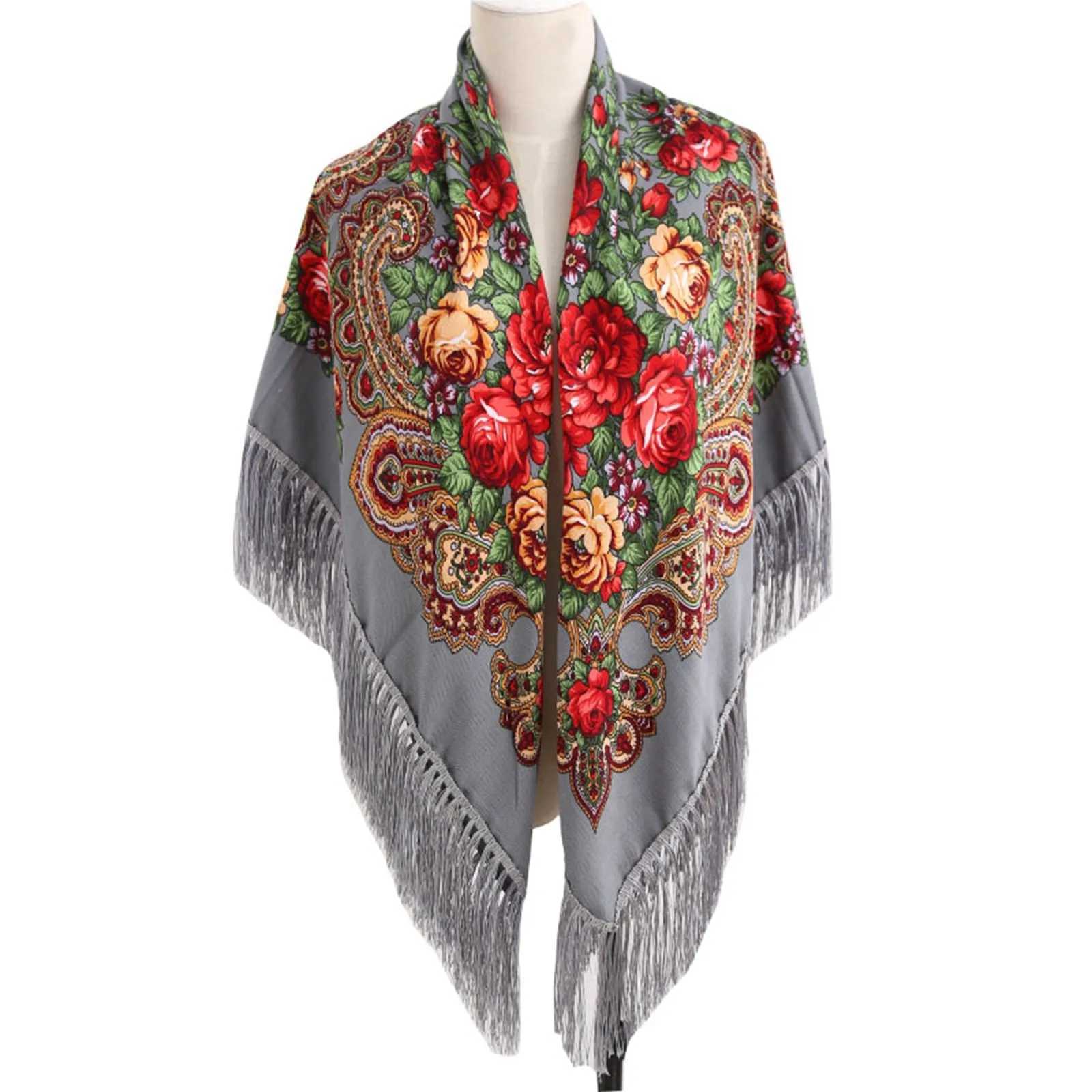 135135cm Russian National Square Scarf Women Luxury Floral Print Ukrainian Fringed Shawl Babushka Handkerchief Head Wraps J251118