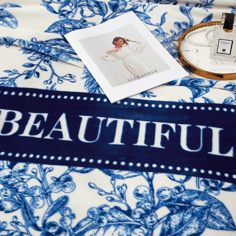 Designer Luxury Brand Skin-friendly Soft Throw Milk Fluff Nap Blanket with Plants and Flowers Camellia Pattern for Office /Bedroom /Travel /Gift W2603