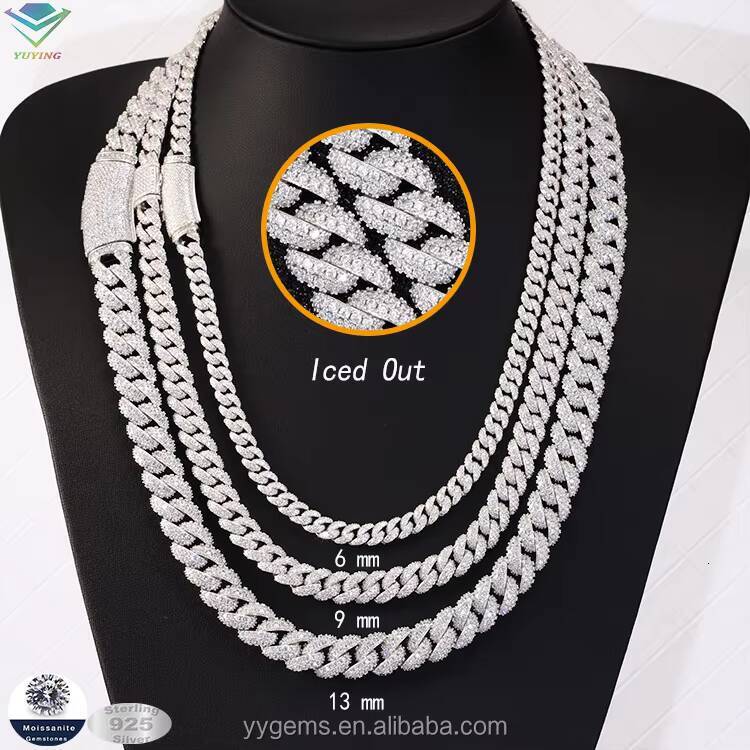 Stocks 13mm Iced Out Chain Moissanite Chain 2 Rows Hip Hop Rock 925 Silver Moissanite Bracelet 18K Gold Plated Cuban Necklace