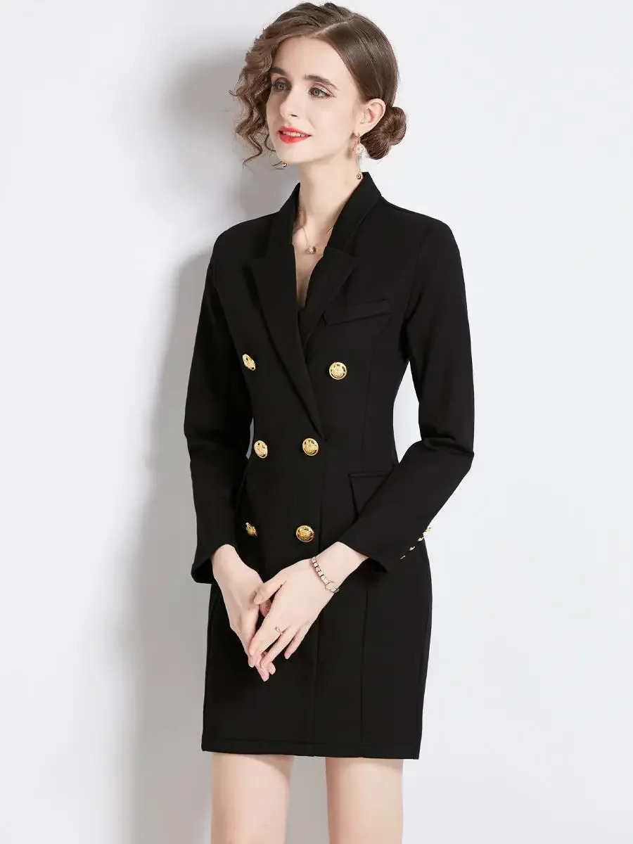 Autumn Winter Thick Roman Cotton Black Blazer Dress Womens Notched Suit Long Sleeve Golden Double Breasted Office Lady Vestidos 251020