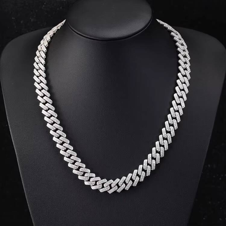 Hot Sale 2row 13mm Wide HipHop Necklace Bracelet Moissanite Cuban Chain Silver Iced Out VVS1 Moissanite Cuban Lidynamic Chain