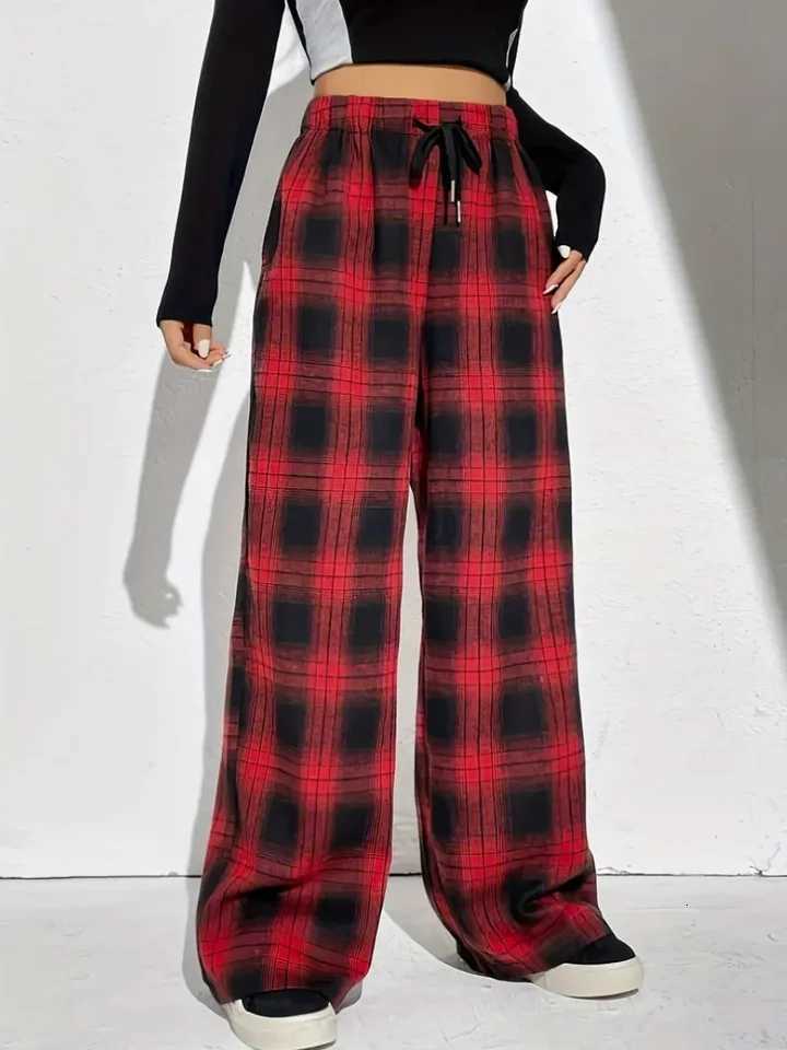 Plaid Print Wide Leg Pants Casual Drawstring Loose Pants For Spring Summer Womens ClothingT251022