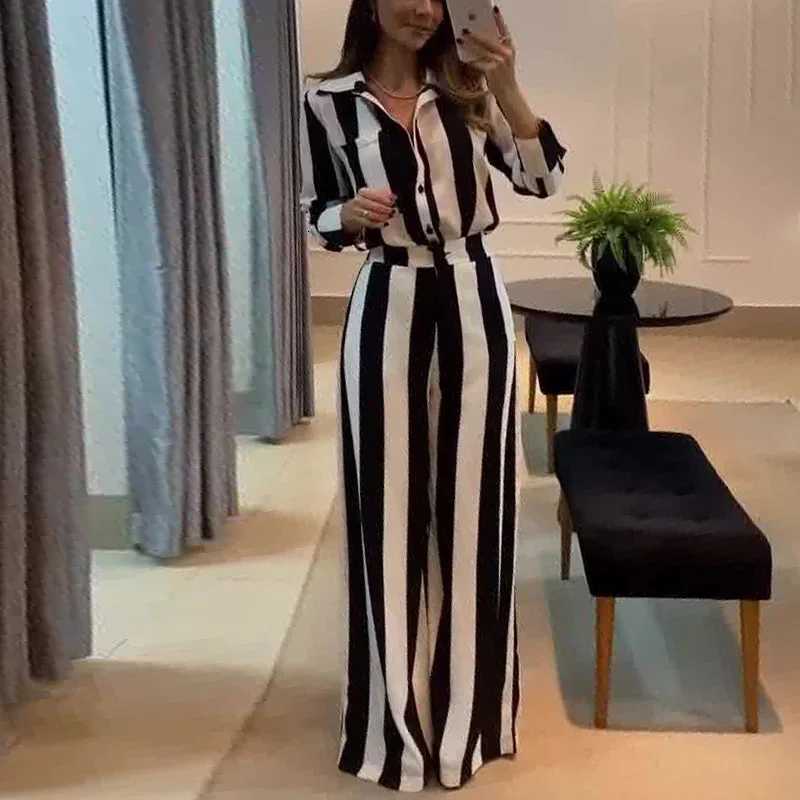 Women Two Pieces Set Striped Long Sleeve Turn Down Collar Shirts Button Wide Leg Pants Suits Regular Elegant Office Lady 2025T251022