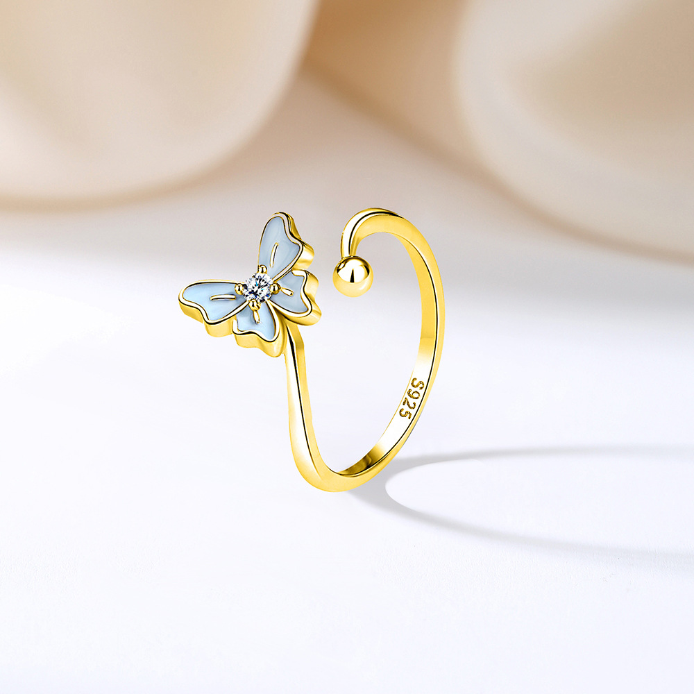 TaiYang NEW S925 Sterling Silver Enchanted Butterfly Ring, Ethereal Blue Fluorescent Floral Adjustable Open Band for Women