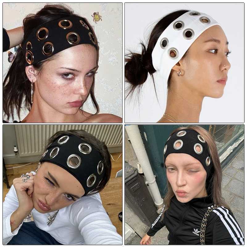 AWAYTR Punk Girl Fabric Hollow Elastic Headbands Metal Rock Personalized Hollow Eyelets Hair Band Casual Sports Grommet Headband V251022