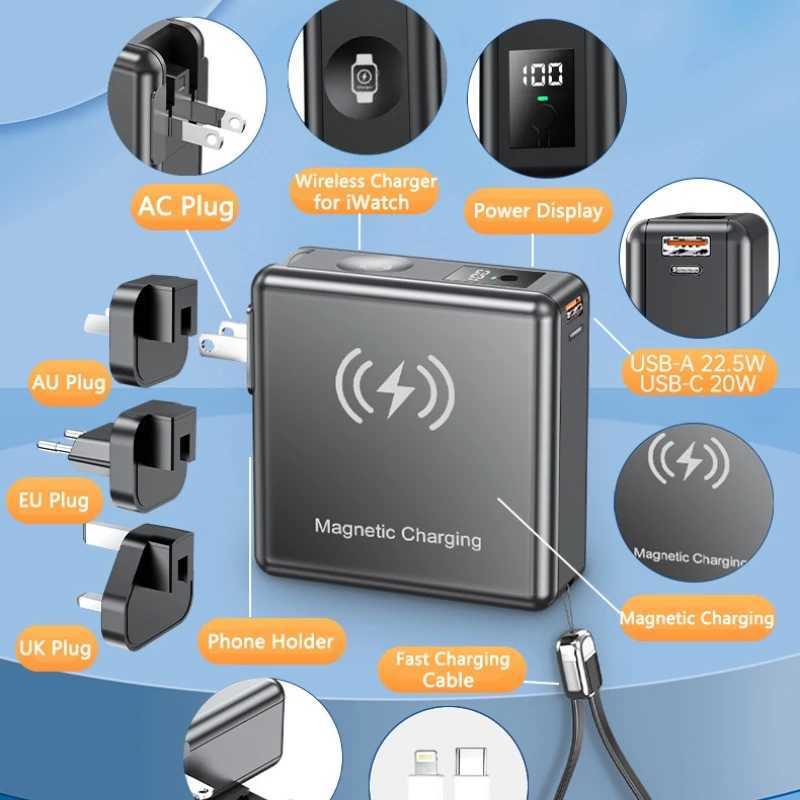 15000mAh Magnetic Wireless Power Bank with AC Plug Cable Fast Charging Portable Charger for iPhone 15 X iWatch Powerbank J251114