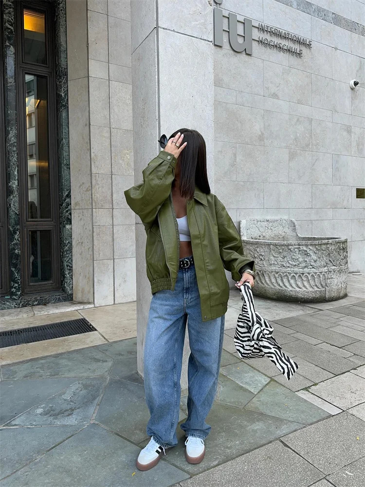 Green PU Leather Jacket Women Retro Laple Zipper Loose Full Sleeve Oversized Coat Female Fashion Lady Solid Streetwear 251021