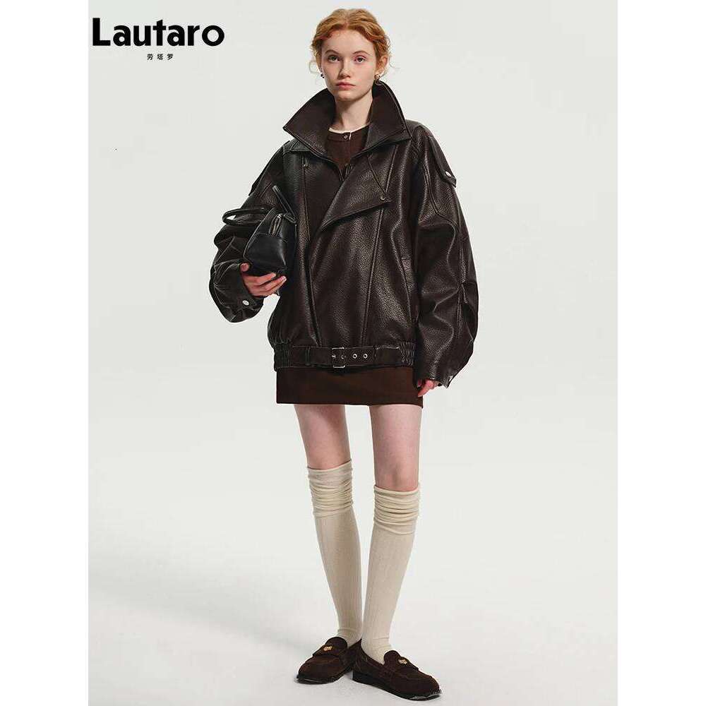 Lautaro Spring Autumn Cool Brown Oversized Pu Leather Jacket Women Long Sleeve Zip Up Designer American Retro Clothing